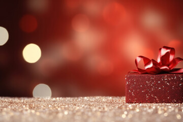 Red Christmas gift box with red bokeh lights for a holiday abstract background. Shiny New Year...