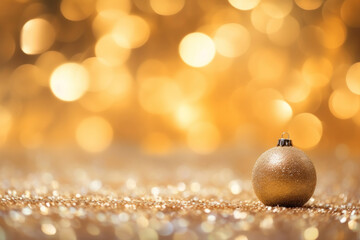 Golden christmas tree decoration on gold glittering particles with bokeh for a holiday abstract...