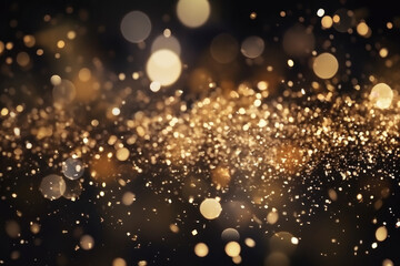 Christmas abstract and bokeh light with glitter background. Golden sprinkles on black background - obrazy, fototapety, plakaty