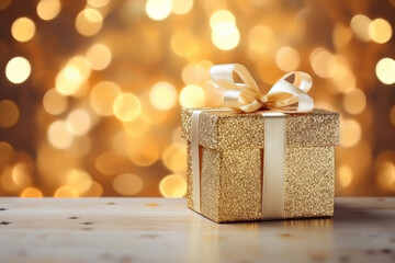 Golden christmas gift box with gold bokeh for a holiday abstract background. Shiny golden New Year...