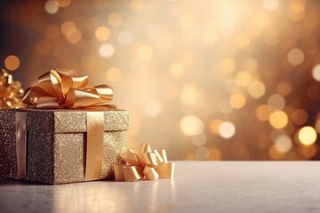 Christmas gift box with golden bokeh lights for a holiday abstract background. Shiny golden New...