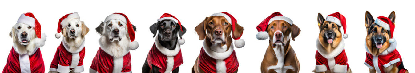 Collection of different dogs as Santa Claus isolated on transparent background.  