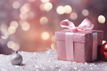 Pink Christmas gift box with decorations on snowy table and Christmas lights bokeh background....