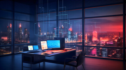 Modern office interior design with two monitors sitting on an office desk displaying business...