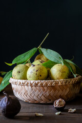 Group of black walnuts or jugulars nigra in a basket with leaves on wooden table. Dark mood style of shooting, vertical banner