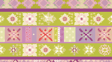 Whimsical Festive Tile Pattern with Folk-Inspired Motifs in Light-Purple, Light-Maroon, and Light-Green