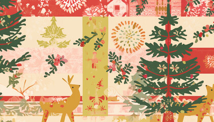 Festive Decorative Tile Pattern with Whimsical Folk-Inspired Motifs in Light-Red, Light-Pink, Light-Green