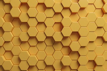 Yellow hexagons abstract background. Top view. Geometric pattern. 3d illustration.