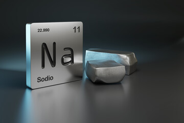 Sodium element symbol from the periodic table in spanish near metallic sodium with copy space. 3d illustration. - obrazy, fototapety, plakaty
