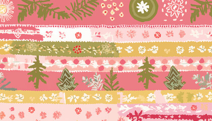 Festive Folk-inspired Decorative Tile Pattern with Whimsical Motifs in Light-Red, Light-Pink, and Light-Green Colors