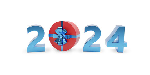 2024 solid text with gift box in three dimensions. New year concept. 3d illustration.