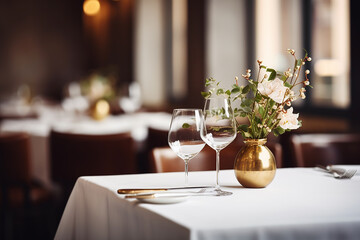 Elegant Minimalist Table Setting in Upscale Restaurant with Soft Bokeh Background