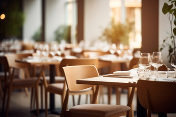 Fototapeta na wymiar Elegant Minimalist Table Setting in Upscale Restaurant with Soft Bokeh Background