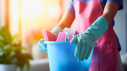 Cleaning lady wearing pink apron and blue gloves, holding the bucket full of equipment for house cleaning, blurred background - obrazy, fototapety, plakaty