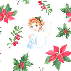 Christmas hand drawn seamless pattern with angel and winter plants. Holly with red berries, red poinsettia and cowberry or lingonberry. For fabric or textile prints, gift packaging paper.