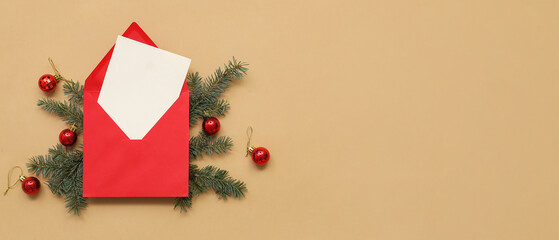 Beautiful composition with blank Christmas card on beige background with space for text