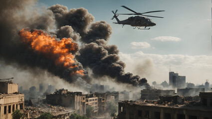 A war-torn city skyline with smoke billowing from damaged buildings and helicopter gunships patrolling the skies.