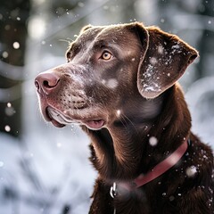 A chocolate brown labrador dog sitting in a snowy winter landscape.