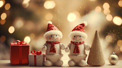 snowman doll with xmas tree and gift box background for text