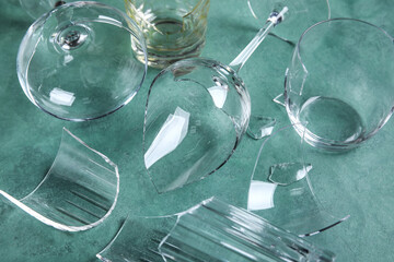 Closeup view of broken glasses on green background