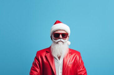 Fototapeta na wymiar cute santa claus in sunglasses on a blue background 