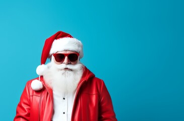 Fototapeta na wymiar cute santa claus in sunglasses on a blue background 