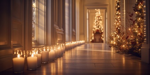 Obraz premium Lights and Candles in a Hallway Creates an Inviting Ambiance with Warm Glow and Symmetrical Decoration, Adding Cozy Illumination to the Interior