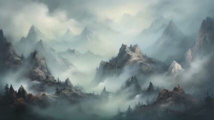 Abstract landscape of a foggy mountain range