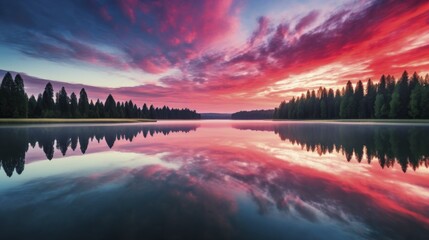 Gradient sky during sunrise over a peaceful lake