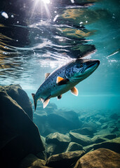 Fototapeta premium Salmon swimming in the Alaskan river. Underneath the surface shot. Ai Generative
