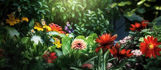 Fototapeta premium In the vibrant summer garden the lush green leaves and colorful flowers create a beautiful background of nature s floral beauty