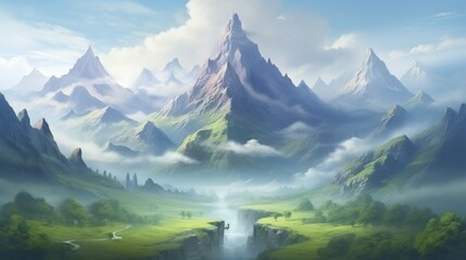 Majestic mountain landscape with fog rolling