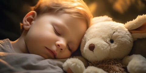 Baby Sleeping Peacefully with a Stuffed Bunny, Ensuring Healthy Sleep and Comfort with Dry Diapers, Embracing the Innocence and Coziness of Naptime