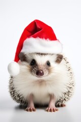 A small hedge wearing a santa hat