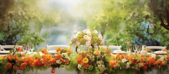 The background of the isolated nature in spring and summer is adorned with the beauty of white and floral flowers creating a vibrant display of love and celebration in a stunning wedding set