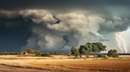 A storm is coming over a field with trees in the foreground