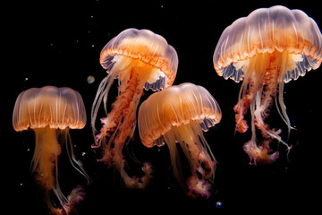 A group of orange jellyfish float gracefully against a dark oceanic backdrop, their delicate forms glowing in the abyss.