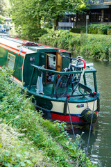 A house boat docked on Stort River in Bishop's Stortford in England