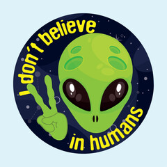 Colored sticker with alien doing a peace gesture Vector