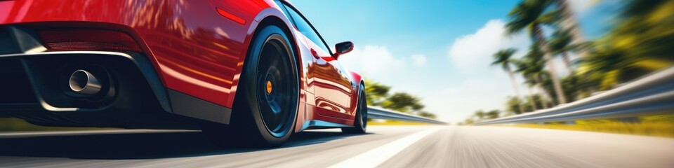 Ultrawide red sports car riding on highway road wallpaper. Car in fast motion 4k. Fast-moving car. Fast-moving supercar on the street. - obrazy, fototapety, plakaty
