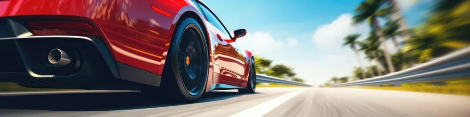 Tuinposter Ultrawide red sports car riding on highway road wallpaper. Car in fast motion 4k. Fast-moving car. Fast-moving supercar on the street. © Abdumumin
