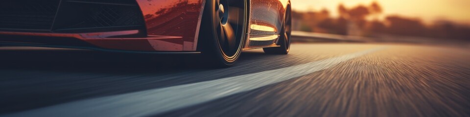Ultrawide red sports car riding on highway road wallpaper. Car in fast motion 4k. Fast-moving car. Fast-moving supercar on the street. - obrazy, fototapety, plakaty