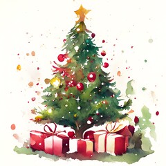 waterpaint christmas tree with gift boxes, generative ai, illustration	