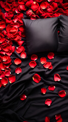 Red rose petals on black silk bed with black pillows. Romantic background
