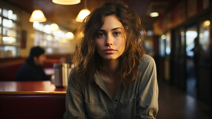 Portrait of young brown haired girl sitting in a bar looking at the camera. Latin woman alone sitting in a restaurant with a serious and concentrated look. - obrazy, fototapety, plakaty