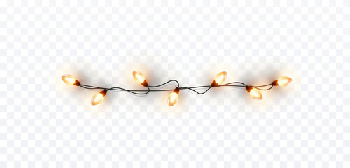 Lights bulbs border isolated on transparent background. Glowing fairy Christmas garland string. Vector New Year party led lamps decoration - obrazy, fototapety, plakaty
