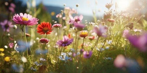 Close-Up of a Colorful Meadow, Bursting with Green Vegetation and Flowers in the Vibrant Spring, Hosting Bees and Honey in an Eco-Friendly Symphony of Growth