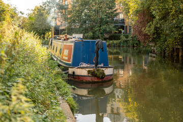 A house boat docked on Stort River in Bishop's Stortford in England