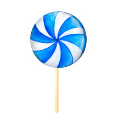 Blue glossy candies on a stick, spiral lollipop, sugar caramel, striped bonbons. Watercolor illustration for Birthday card, party, design, flyer, poster, banner, advertising