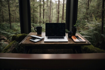 working remotely on a laptop in the forest